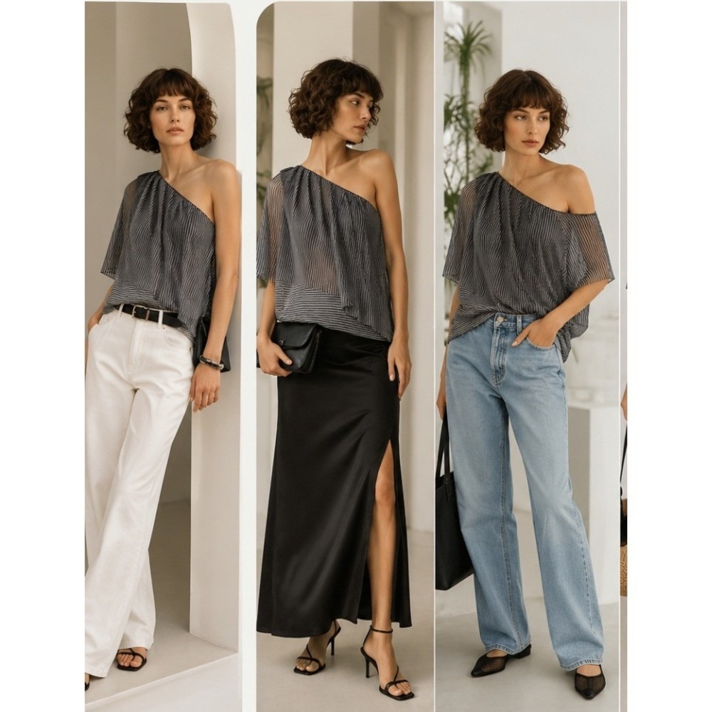 Club Monaco Navy Silver Metallic Striped One Shoulder Pleated Draped Top